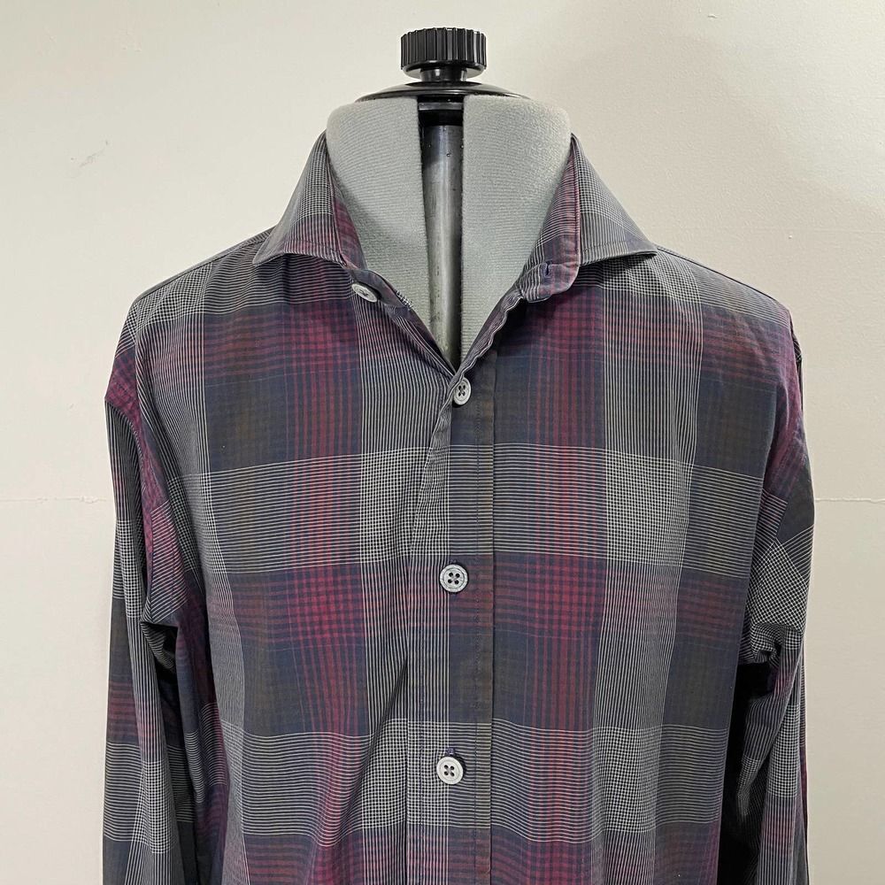 Gitman Bros Blue Plaid Button Up Long Sleeve Shirt French Cuff Size 15 Made USA